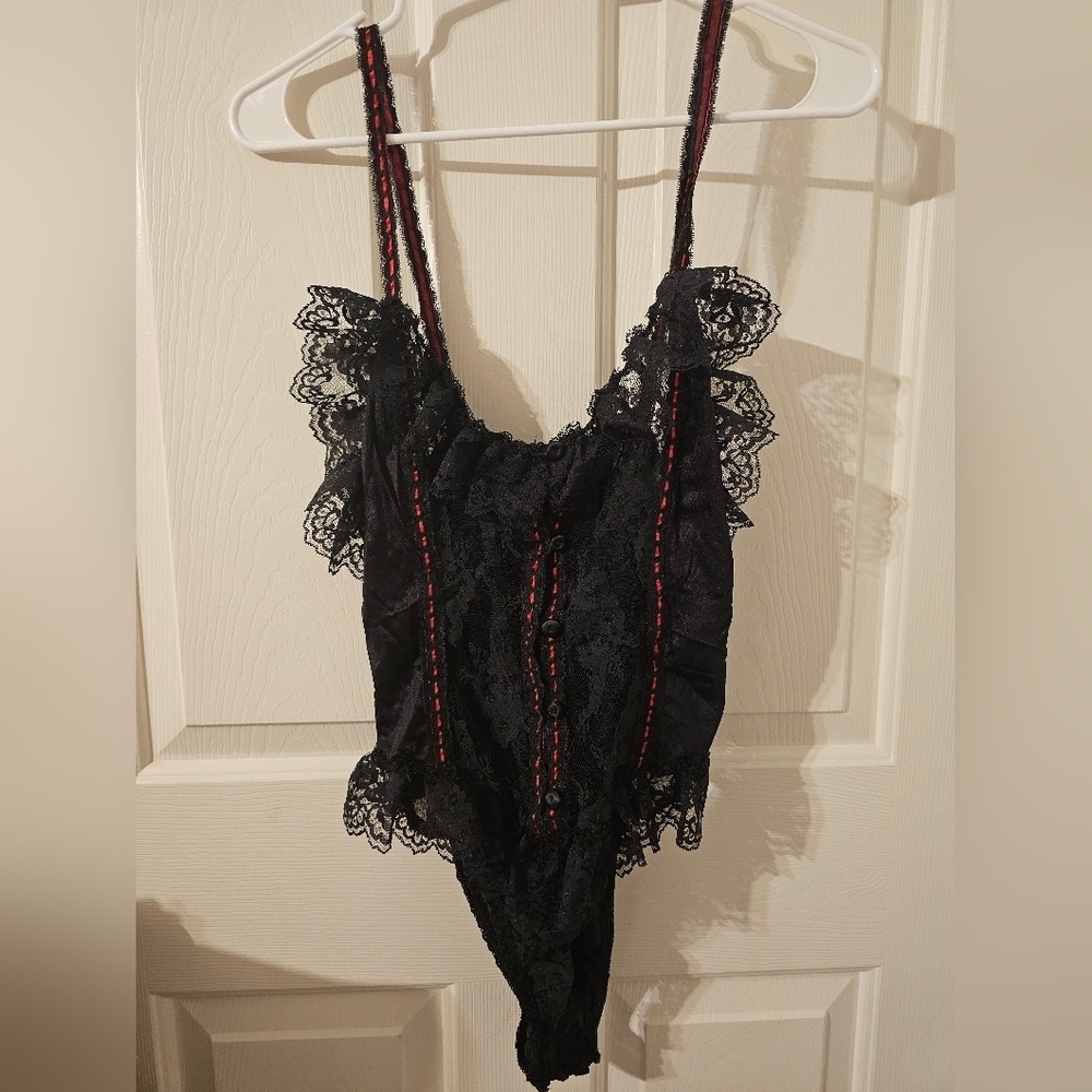 Vintage Vtg Delicates Lingerie Black Satin and Lace Red Trim Teddy Women’s Med